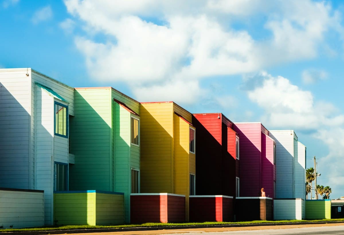 Row of brightly colored modern houses